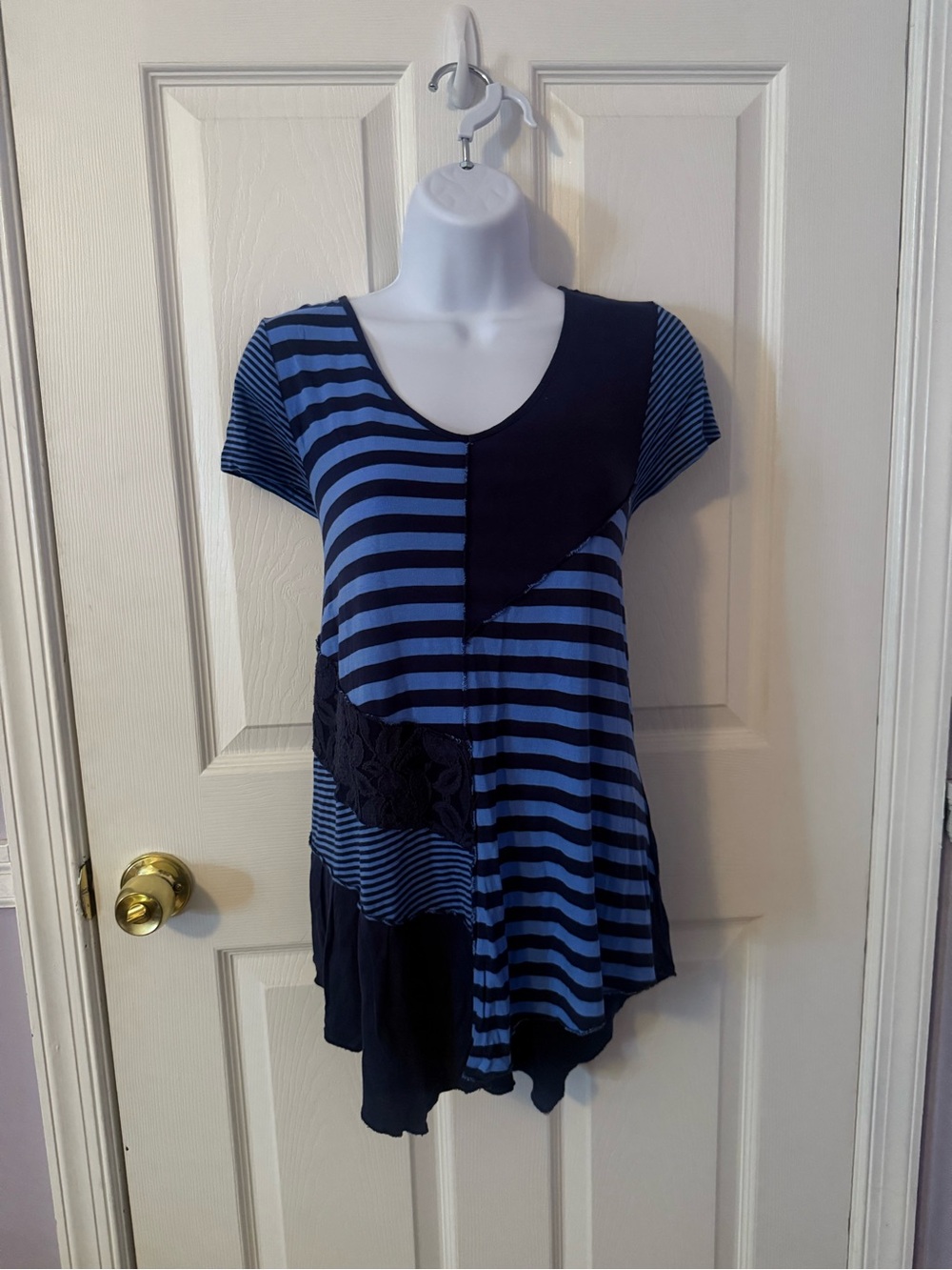 Blue Striped Short Sleeve Asymmetrical Top
